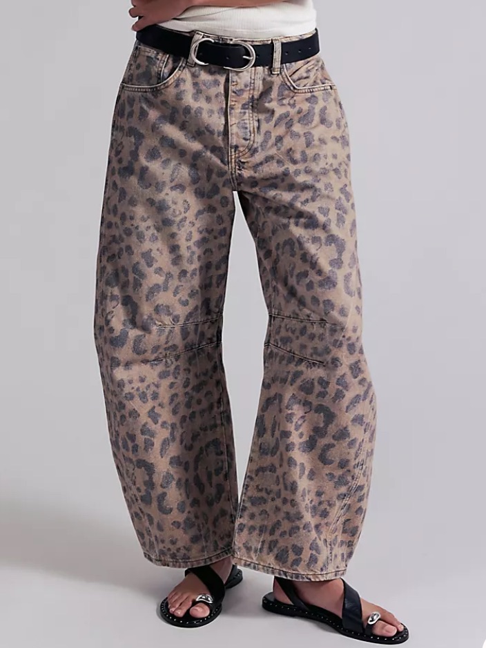We The Free Good Luck Printed Barrel Jeans Brown Sugar Combo Leopard Print Sz 24